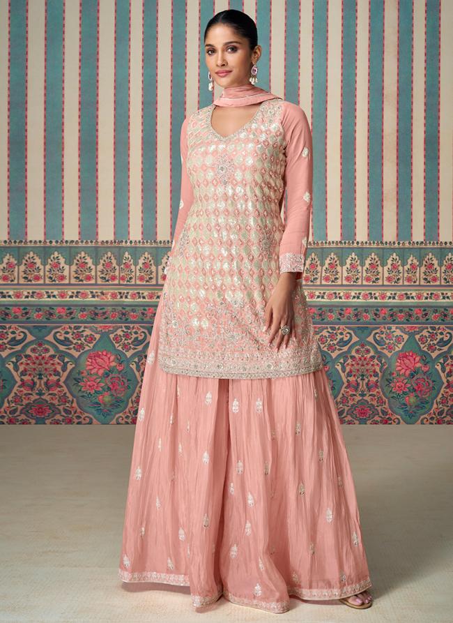 Premium Chinnon Silk Pink Wedding Wear Embroidery Work Readymade Plazzo Suit